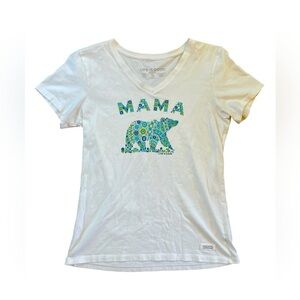 Life Is Good Mama Bear V-Neck Crusher Short Sleeve White Tee Small